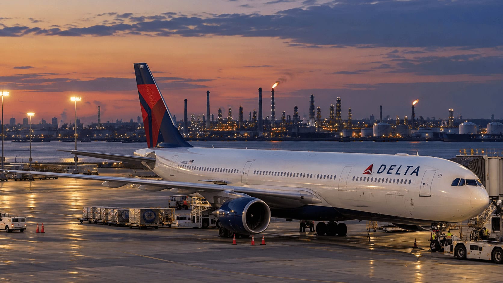 Avión de Delta en un aeropuerto de la costa este con una refinería de petróleo en el horizonte, lo que ilustra la refinería Trainer de Delta como una cobertura de combustible en 2026