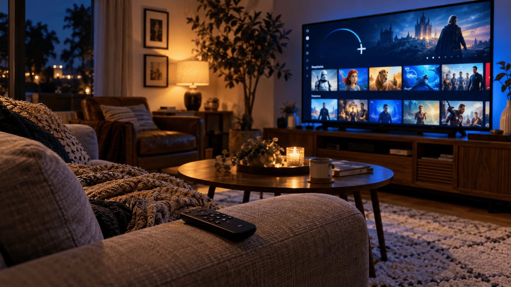 Un televisor de sala de estar que muestra la pantalla de inicio de Disney+ con filas de programas, después de que Disney integrara Hulu en una sola aplicación