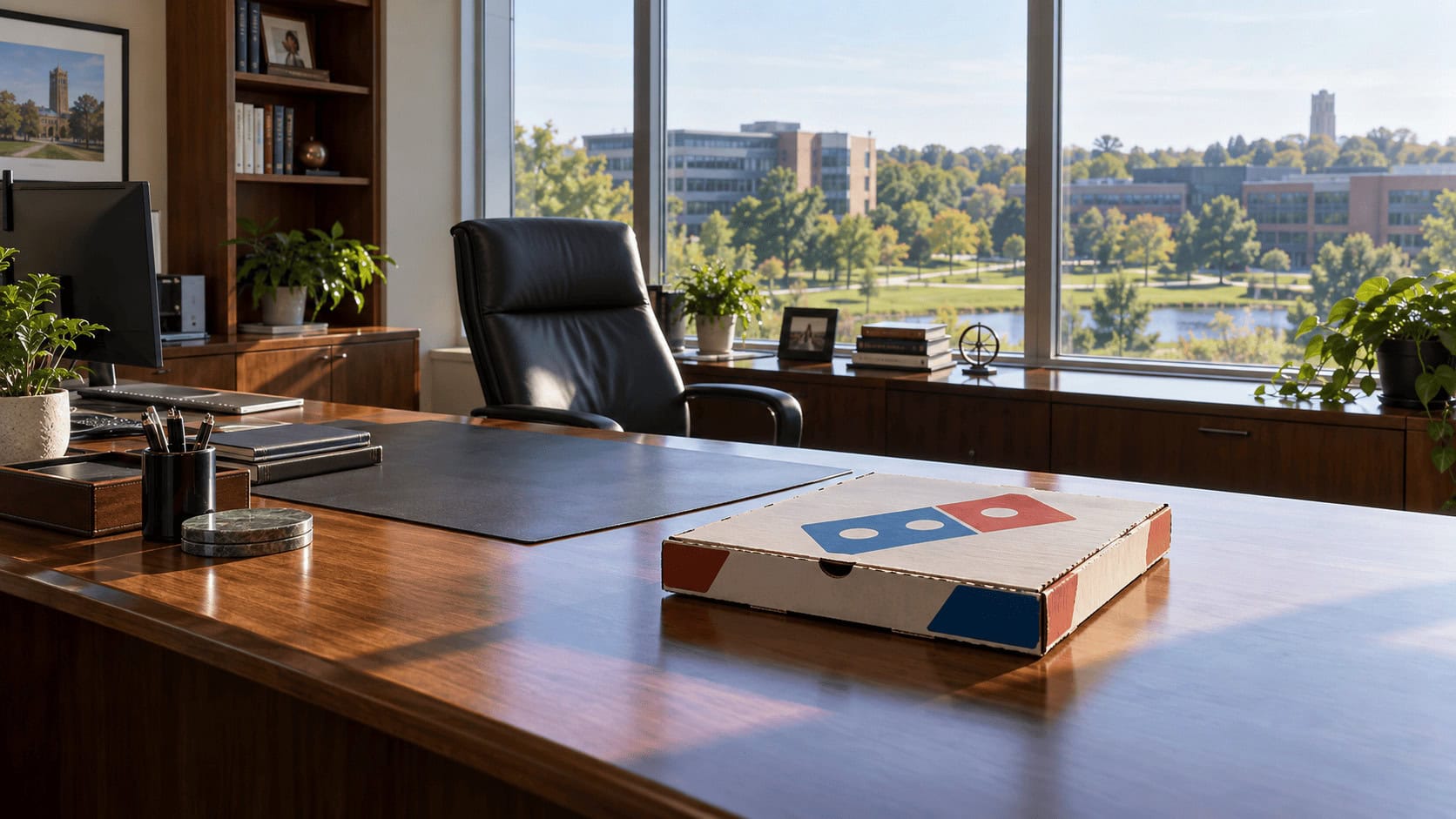 Empty executive office chair at a pizza company headquarters with a pizza box on the desk