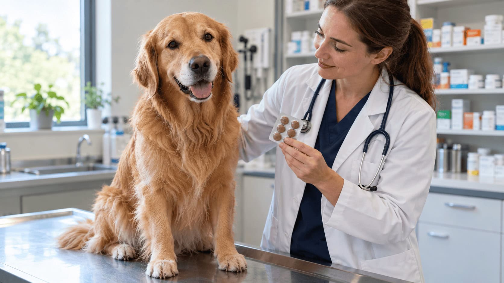 Veterinario sosteniendo un paquete de comprimidos masticables junto a un golden retriever en una mesa de exploración en una clínica