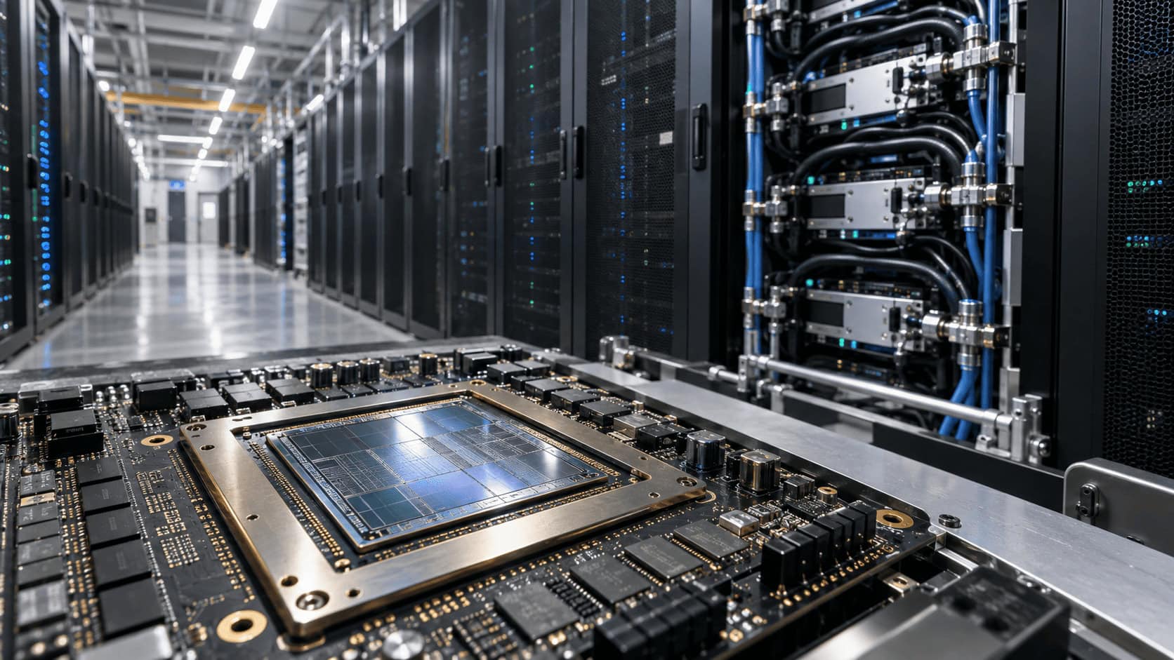 Filas de racks de servidores de inferencia de IA dentro de un centro de datos de Silicon Valley, con un chip acelerador de IA personalizado en primer plano