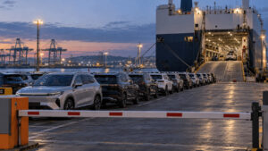 Rows of new hybrid cars waiting on a European port quay beside a car carrier, with a lowered customs barrier in the foreground