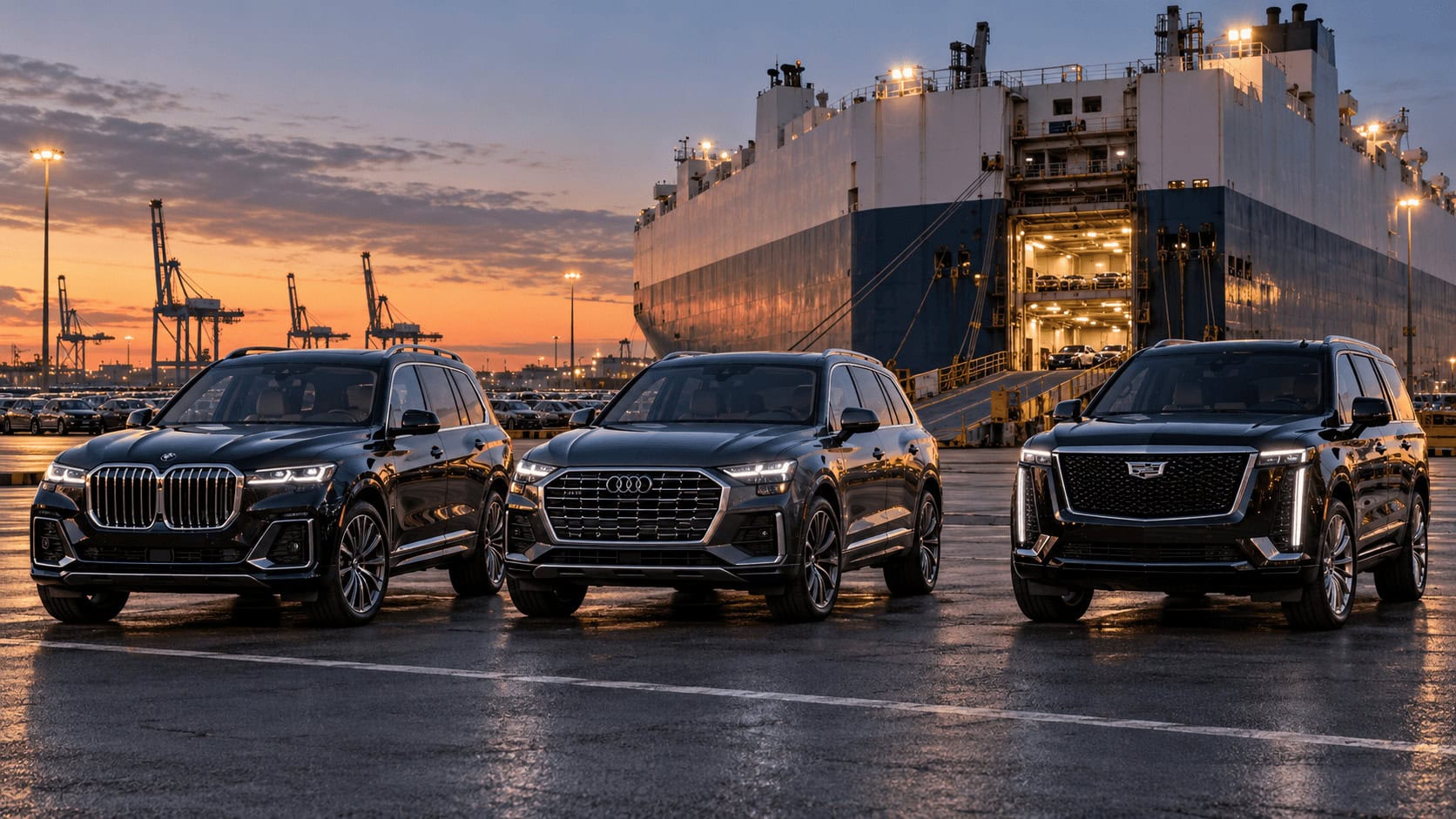 A BMW X7, Audi Q9 and Cadillac Escalade parked side by side on a port vehicle lot at dusk.
