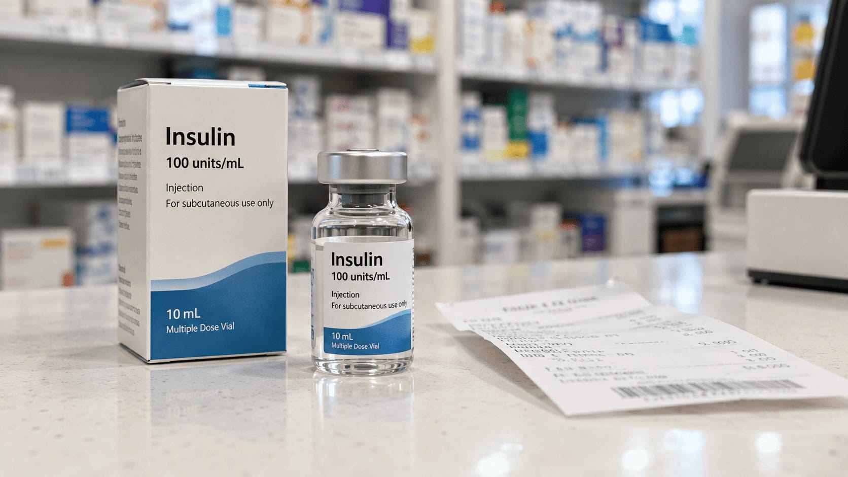 Un vial de insulina y su caja sobre el mostrador de una farmacia estadounidense, junto a un recibo impreso.
