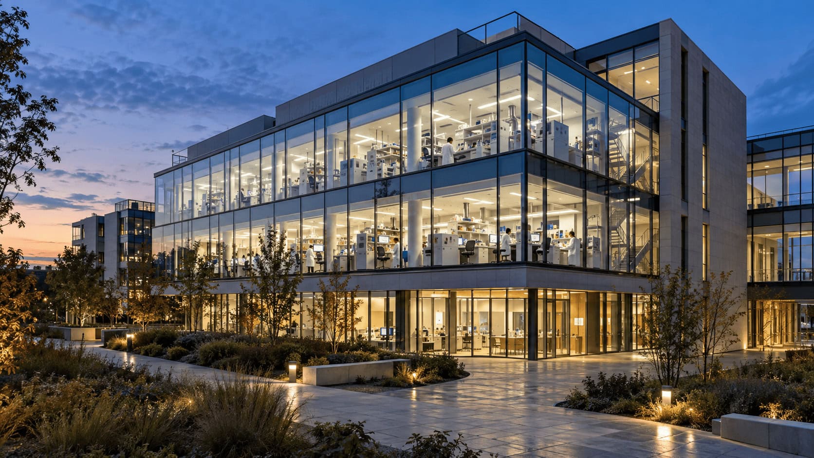 Bâtiment moderne de laboratoire de biotechnologie européen au crépuscule, avec ses étages de recherche éclairés.