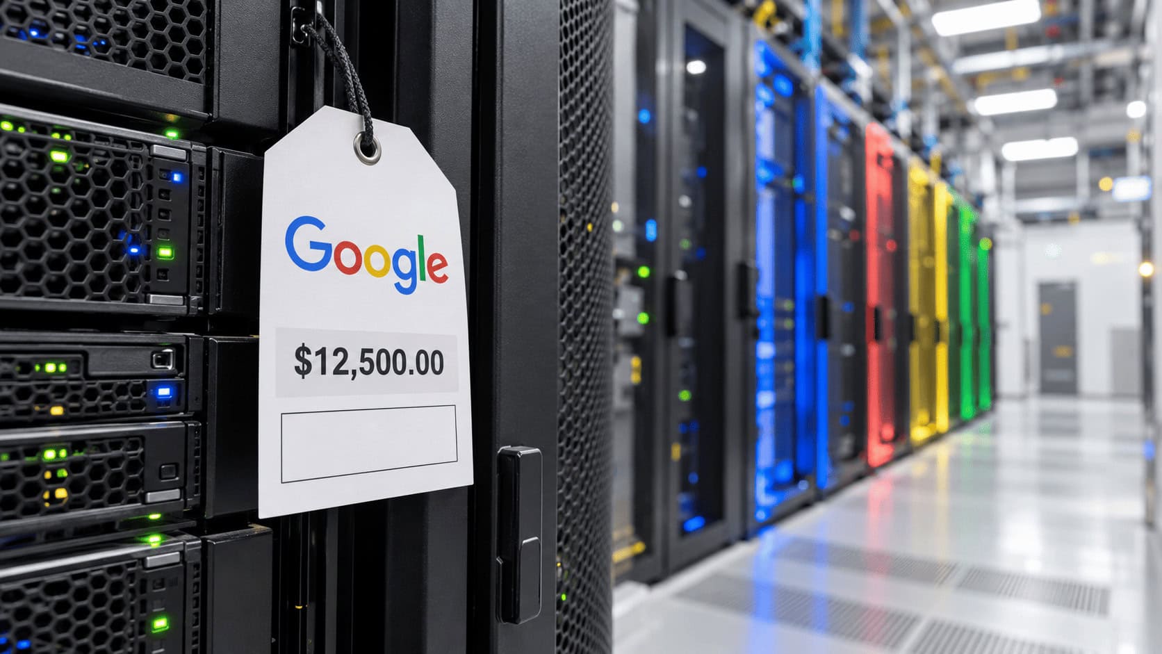 Etiqueta de precio con la marca Google y fecha de caducidad en blanco colgando de un rack de servidores de un centro de datos