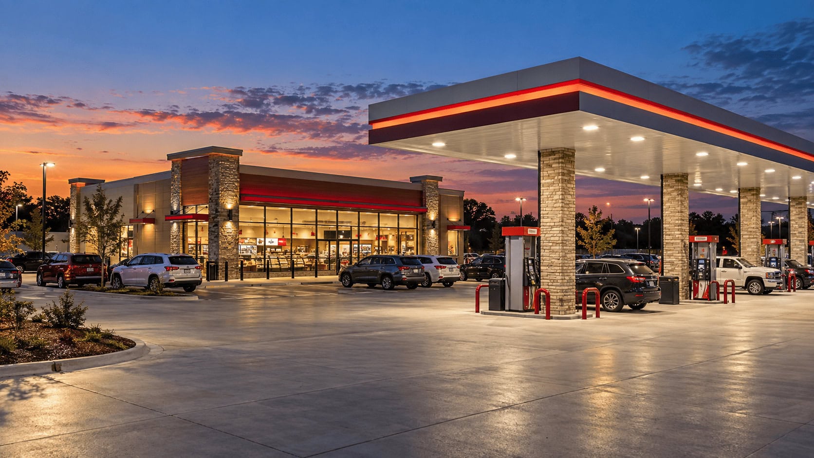 Gran tienda de conveniencia moderna y gasolinera al anochecer en un amplio terreno suburbano en el sureste