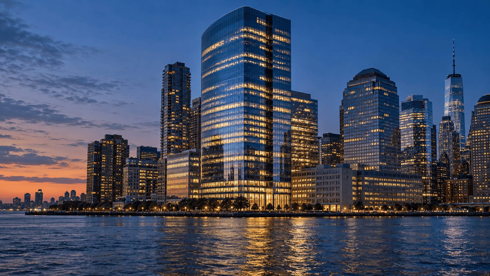 Sede de Goldman Sachs en el número 200 de West Street en Manhattan al anochecer