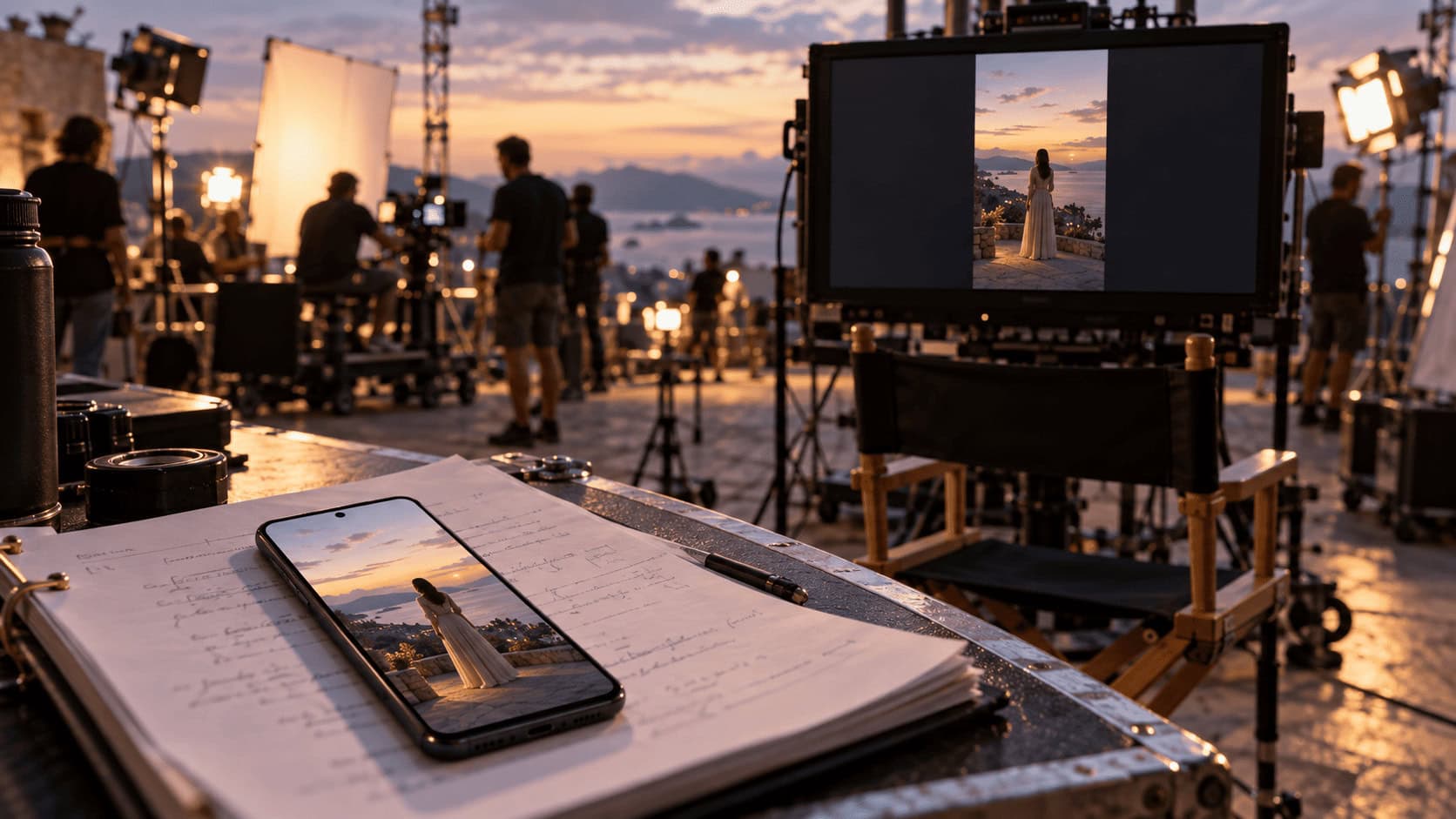 Décor de film avec un moniteur au format vertical et un téléphone Android posé sur un script, représentant le projet hollywoodien « 100 Zeros » de Google.