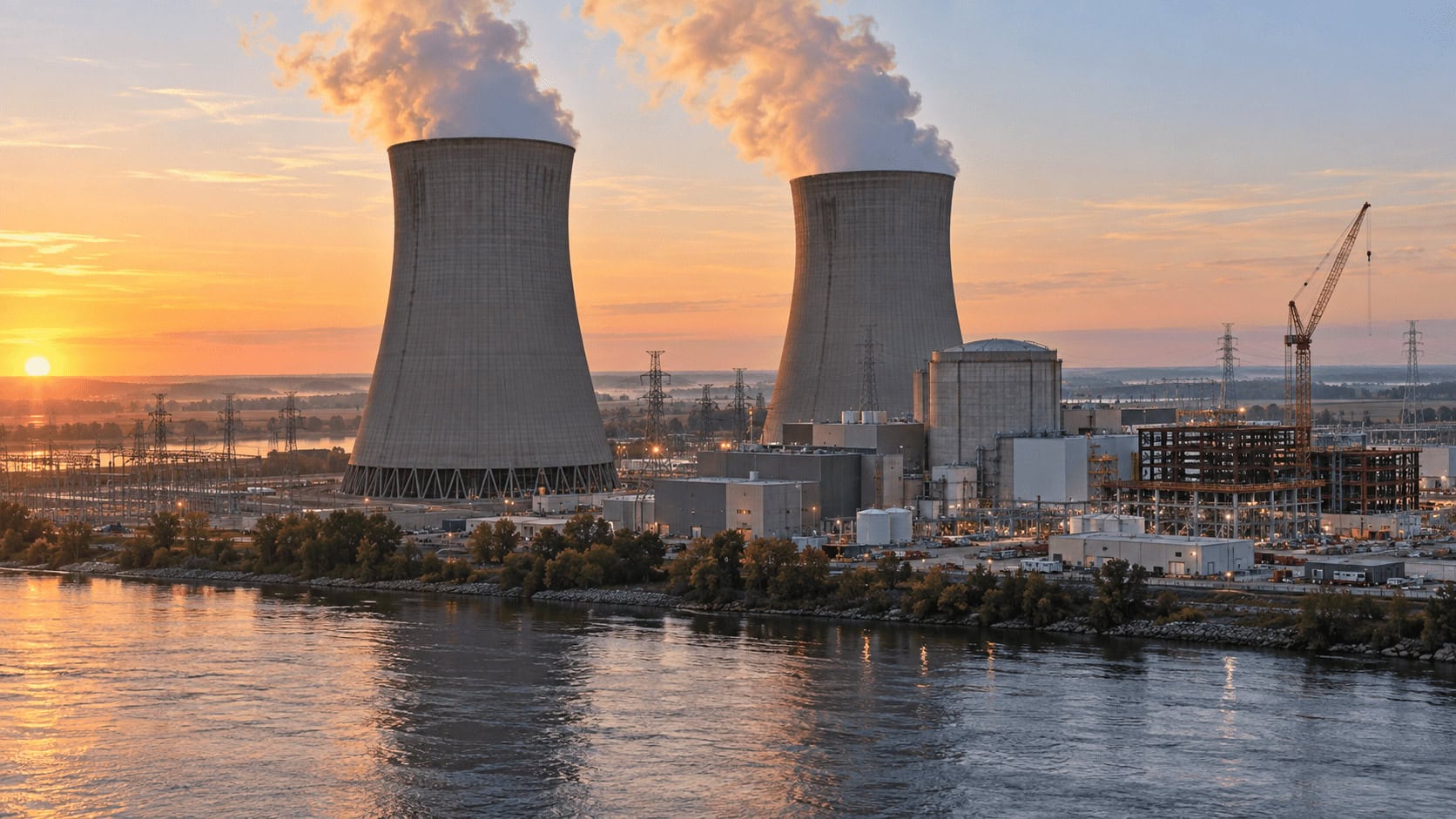Torres de refrigeración de la central nuclear al amanecer, con una grúa de construcción junto a la sala de turbinas, lo que ilustra las mejoras en la capacidad de los reactores financiadas por un contrato de suministro eléctrico a largo plazo