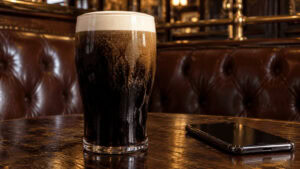 A freshly poured pint of Guinness settling on a wooden pub table next to a smartphone