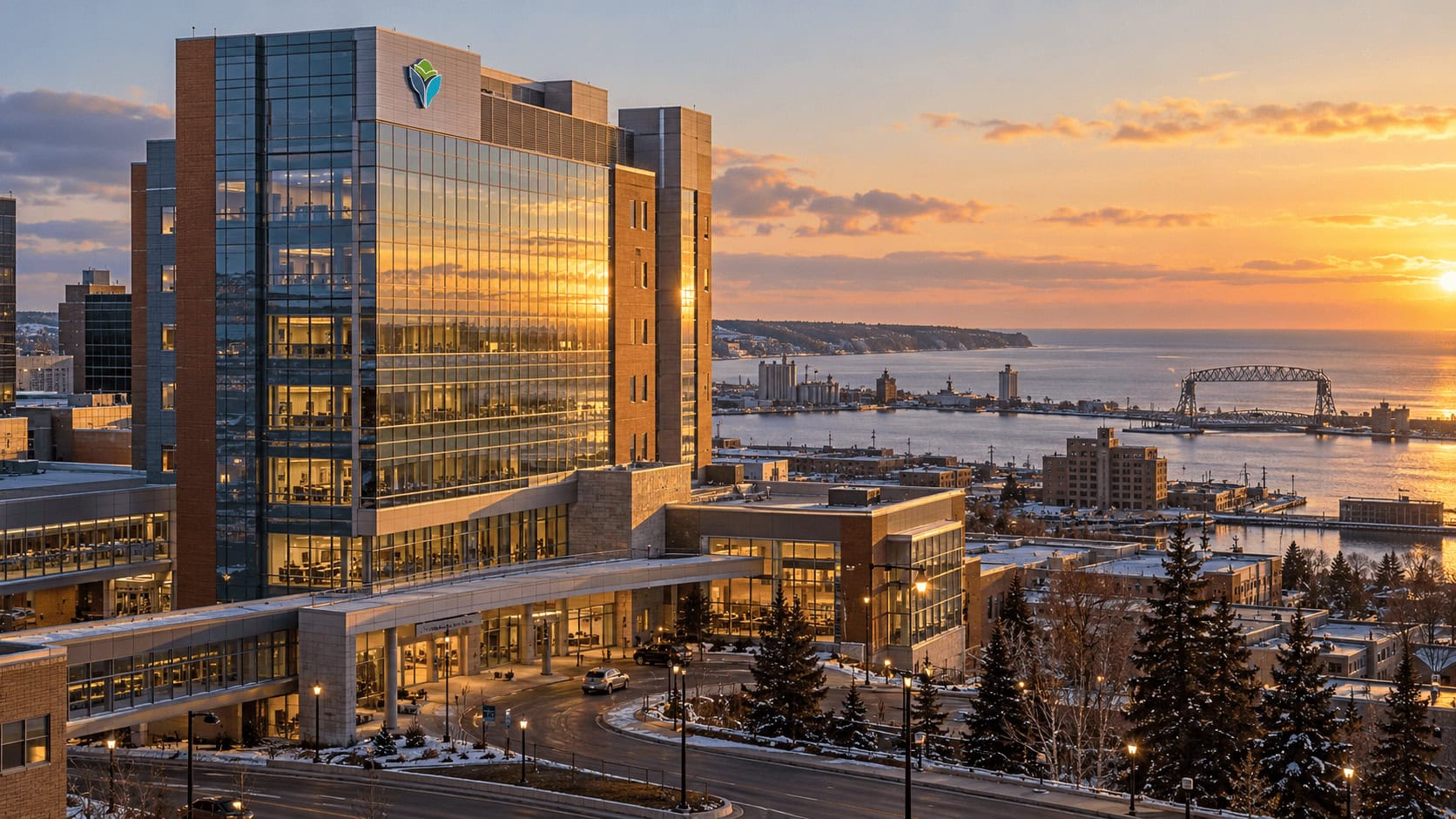 Una moderna torre hospitalaria en Duluth con vistas al lago Superior al atardecer, parte del sistema Essentia Health que se une a HealthPartners