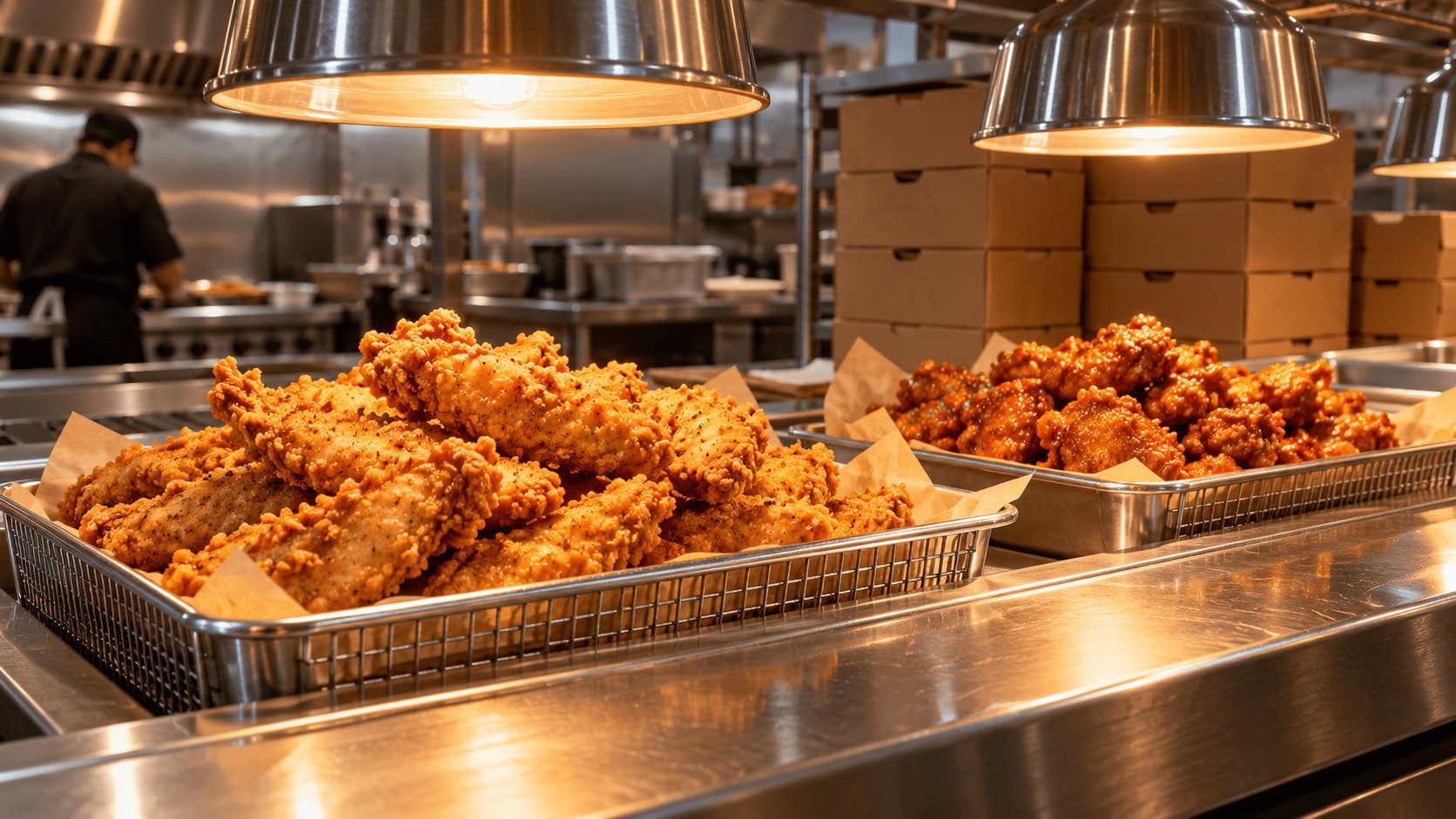 Cestas con tiras de pollo empanizadas y alitas deshuesadas bajo lámparas de calor en una barra de servicio de cocina de un restaurante, con vitrinas de comida apiladas detrás.