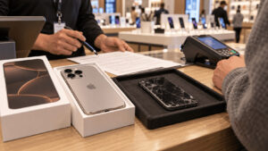 A new iPhone 18 Pro next to a cracked older iPhone being traded in at a carrier store counter