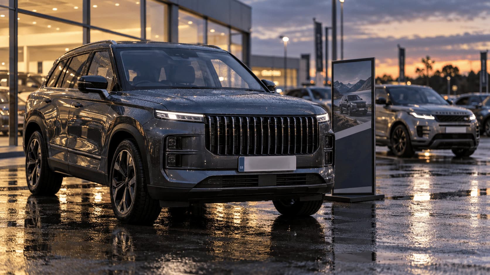 Un SUV Jaecoo 7 en la exposición de un concesionario del Reino Unido con un Range Rover Evoque al fondo