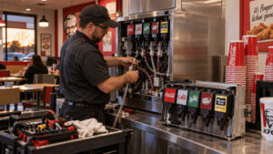 A KFC restaurant drink station with a fountain dispenser being swapped from Pepsi to Coca-Cola branding.