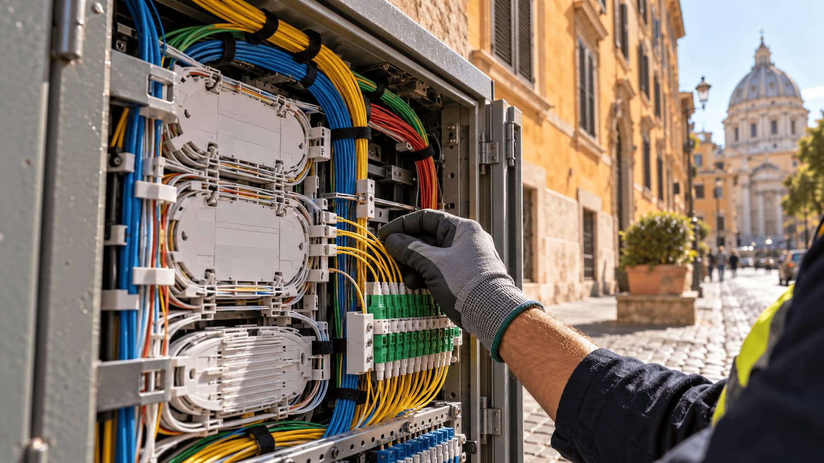Photo: Business Model Analyst Open fiber-optic street cabinet with colored cables on a sidewalk in Rome
