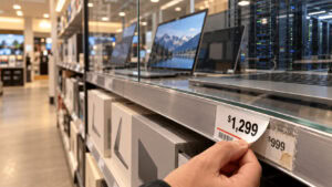 Boxed laptops on an electronics store shelf with a new, higher price tag in the foreground