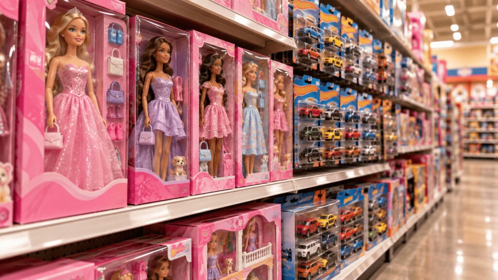 Estanterías repletas de cajas de muñecas rosas y paquetes de coches de juguete de metal fundido en un pasillo de una juguetería muy iluminado