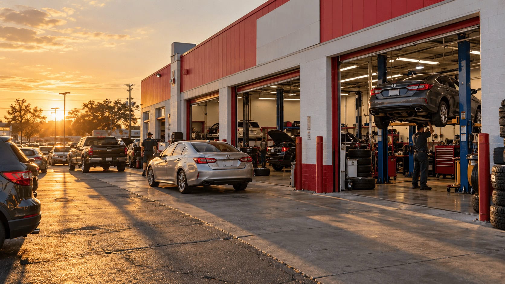 Technician working under a lifted older sedan in an open service bay at a suburban auto repair shop