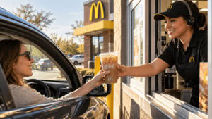 A McDonald’s crew member handing an iced drink through the drive-thru window on a quiet afternoon