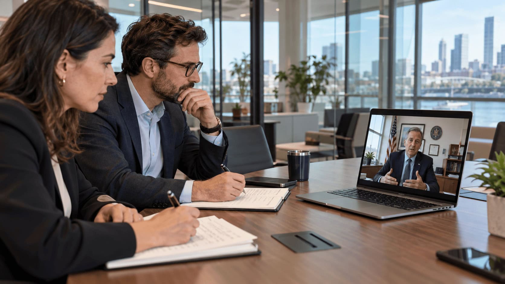 En una oficina de consultoría con paredes de cristal, sobre una mesa de conferencias, se ve una computadora portátil mostrando una videollamada con un funcionario municipal; dos entrevistadores están sentados cerca tomando notas