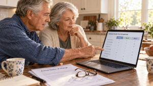 Older couple comparing 2027 Medicare Advantage plans on a laptop at their kitchen table
