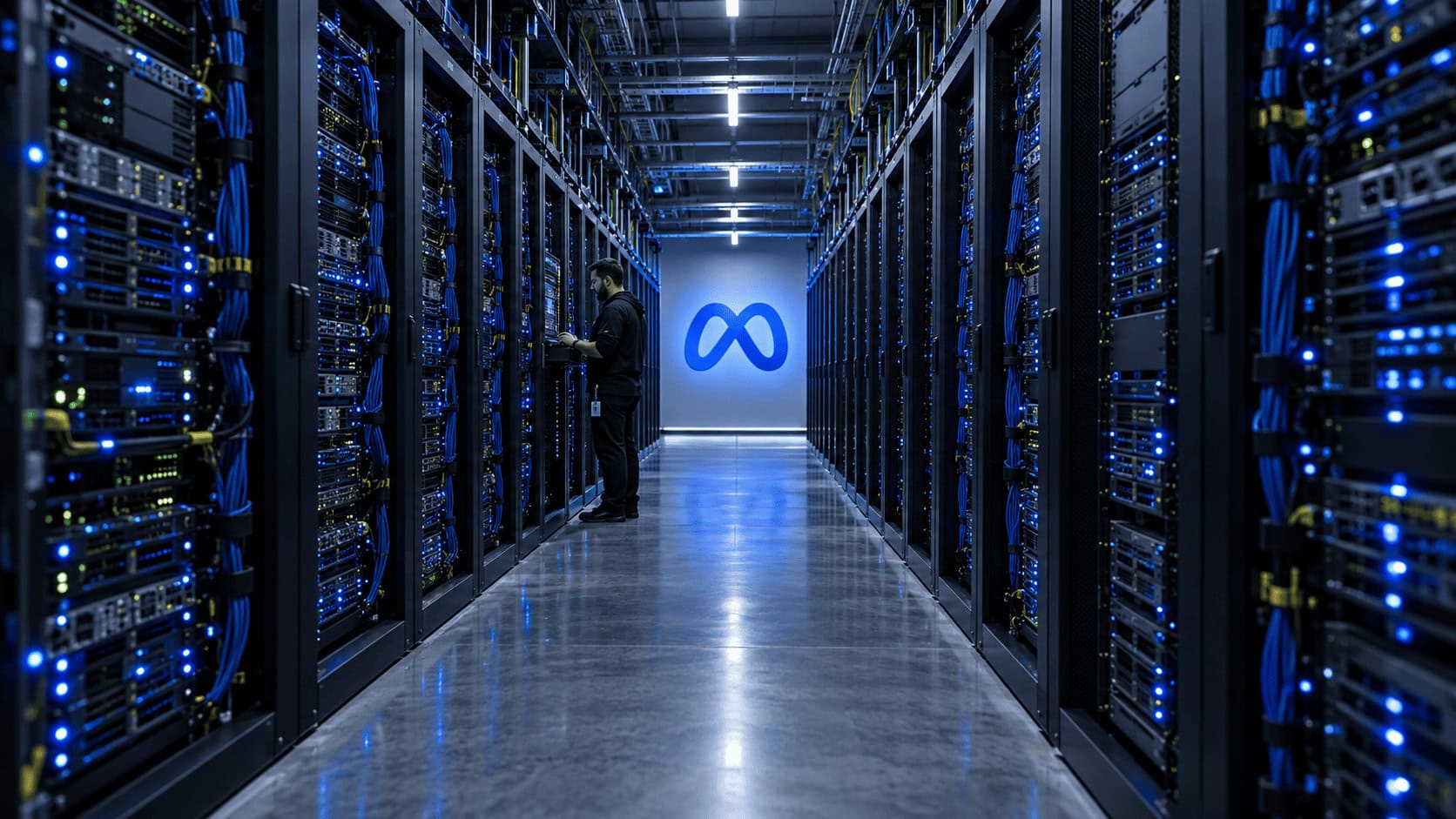 Racks de servidores en un pasillo del centro de datos Meta por la noche, la capacidad de procesamiento que clasifica los anuncios y ahora da servicio al modelo de IA Muse Wonder