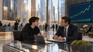 A young tech worker meets a financial advisor in a Morgan Stanley office lobby while a screen shows a newly listed stock rising