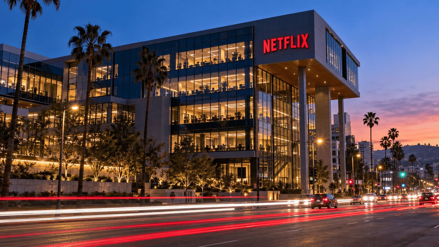 La sede de Netflix en Hollywood al atardecer, donde Peter Rice asume el cargo de director de contenido