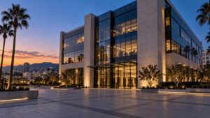 Edificio de oficinas de Netflix en Los Ángeles al anochecer, después de que la compañía anunciara el recorte de unos 1.000 puestos de trabajo