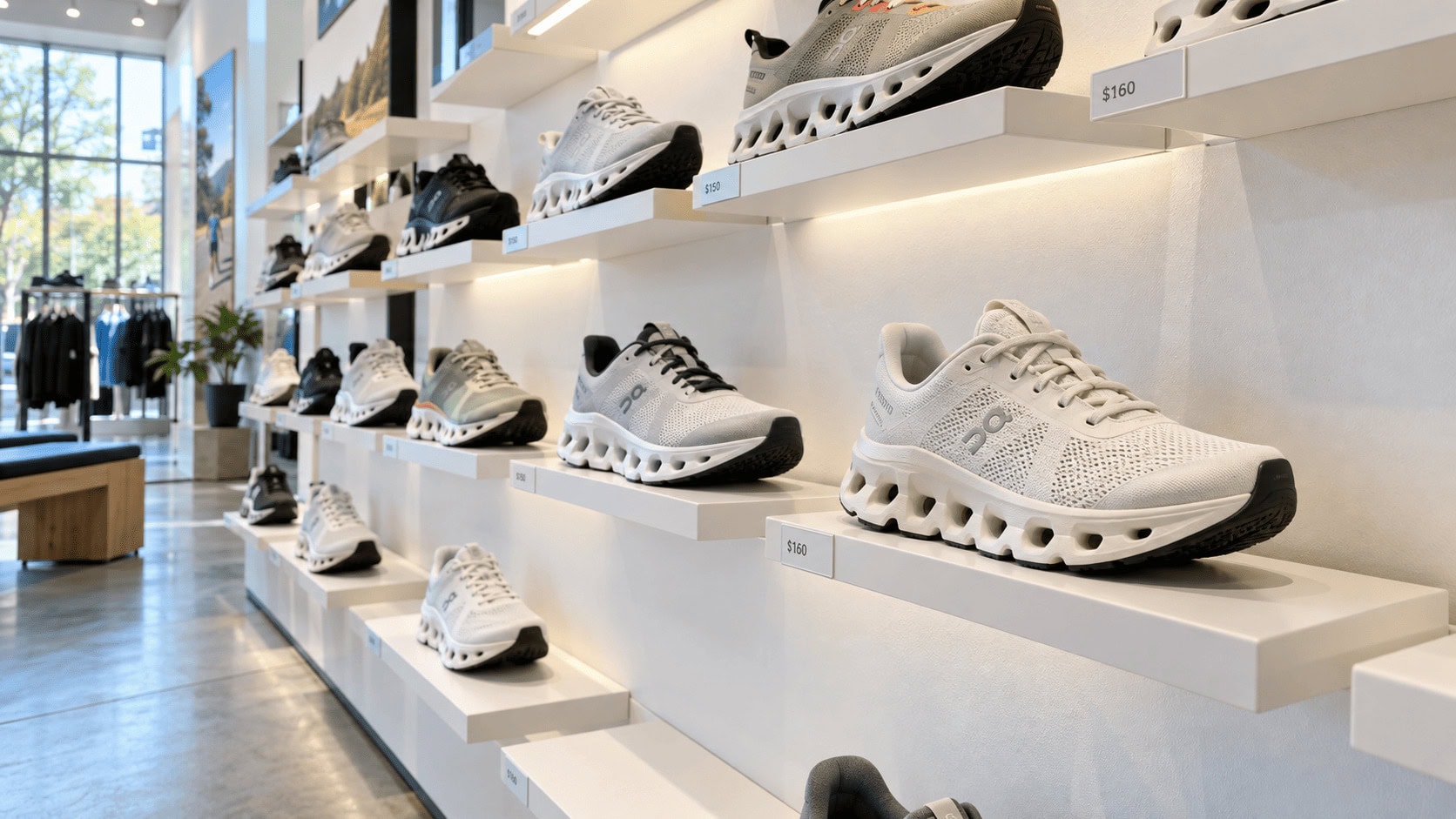 Premium On running sneakers displayed at full price on a store shelf with several empty slots.