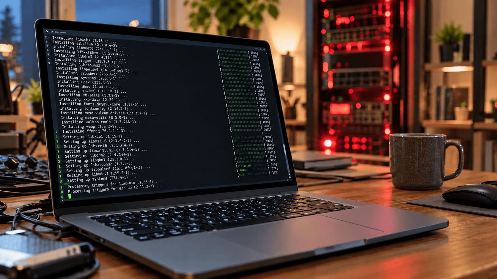 Terminal de portátil mostrando nombres de paquetes por la noche, con un rack de servidores iluminado al fondo
