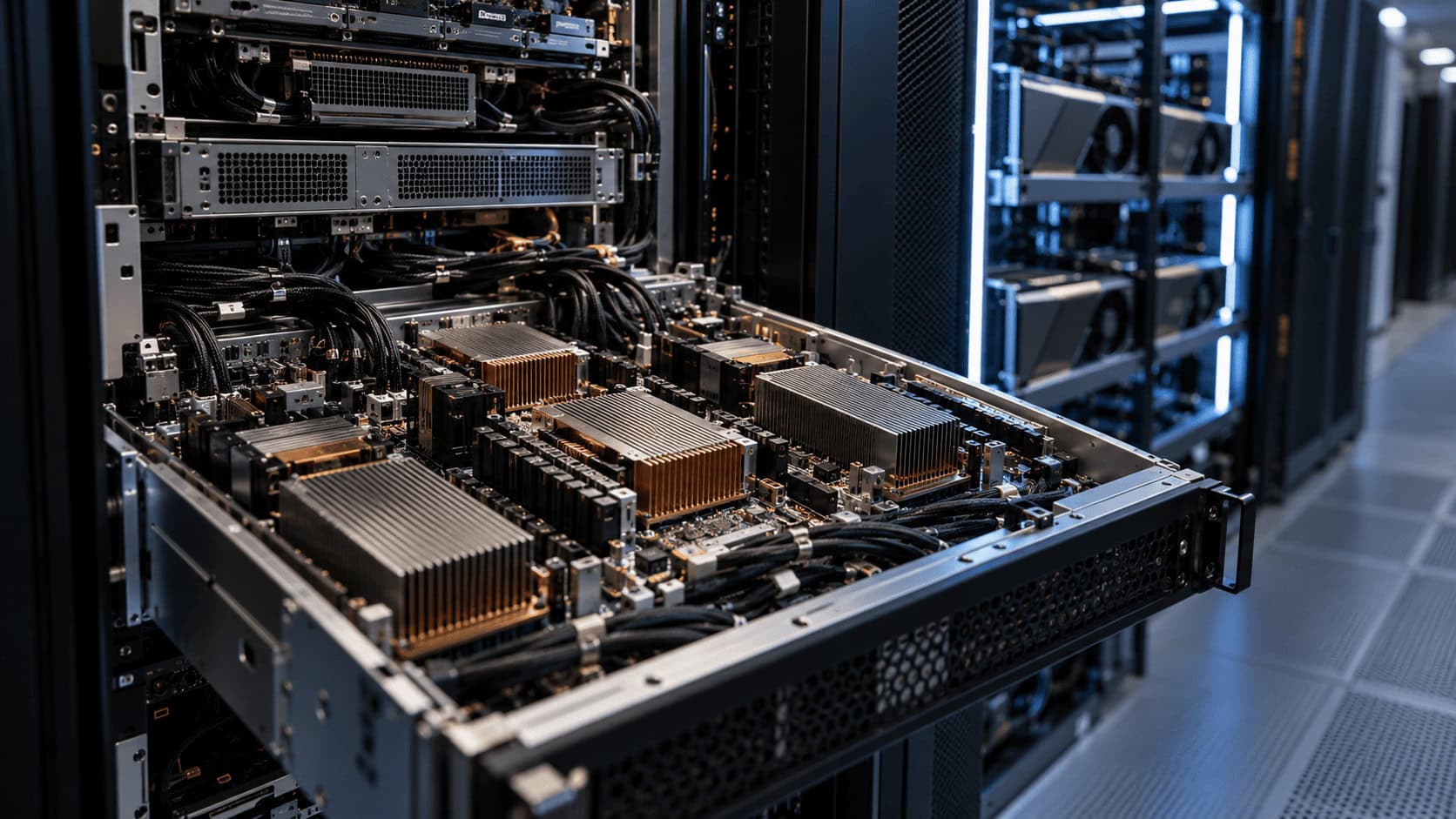 Tarjetas aceleradoras de IA personalizadas en un rack de centro de datos, con bandejas de servidores GPU visibles al fondo