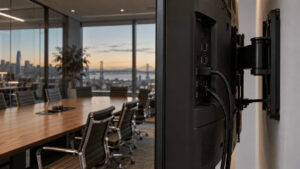 Back of a wall-mounted TV in an empty tech-company executive conference room, showing USB ports and cables