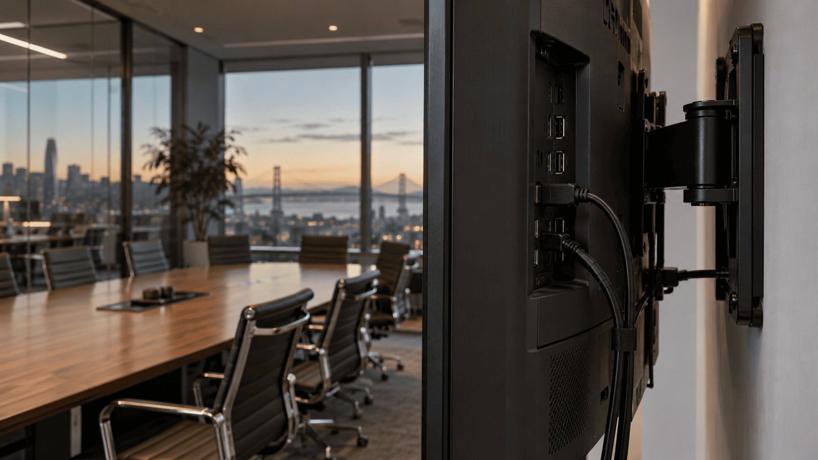 Back of a wall-mounted TV in an empty tech-company executive conference room, showing USB ports and cables