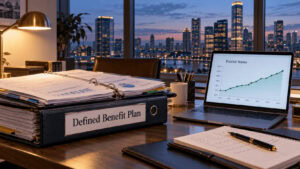 Open pension plan binder beside a laptop showing a rising funded-status chart in a corporate benefits office.