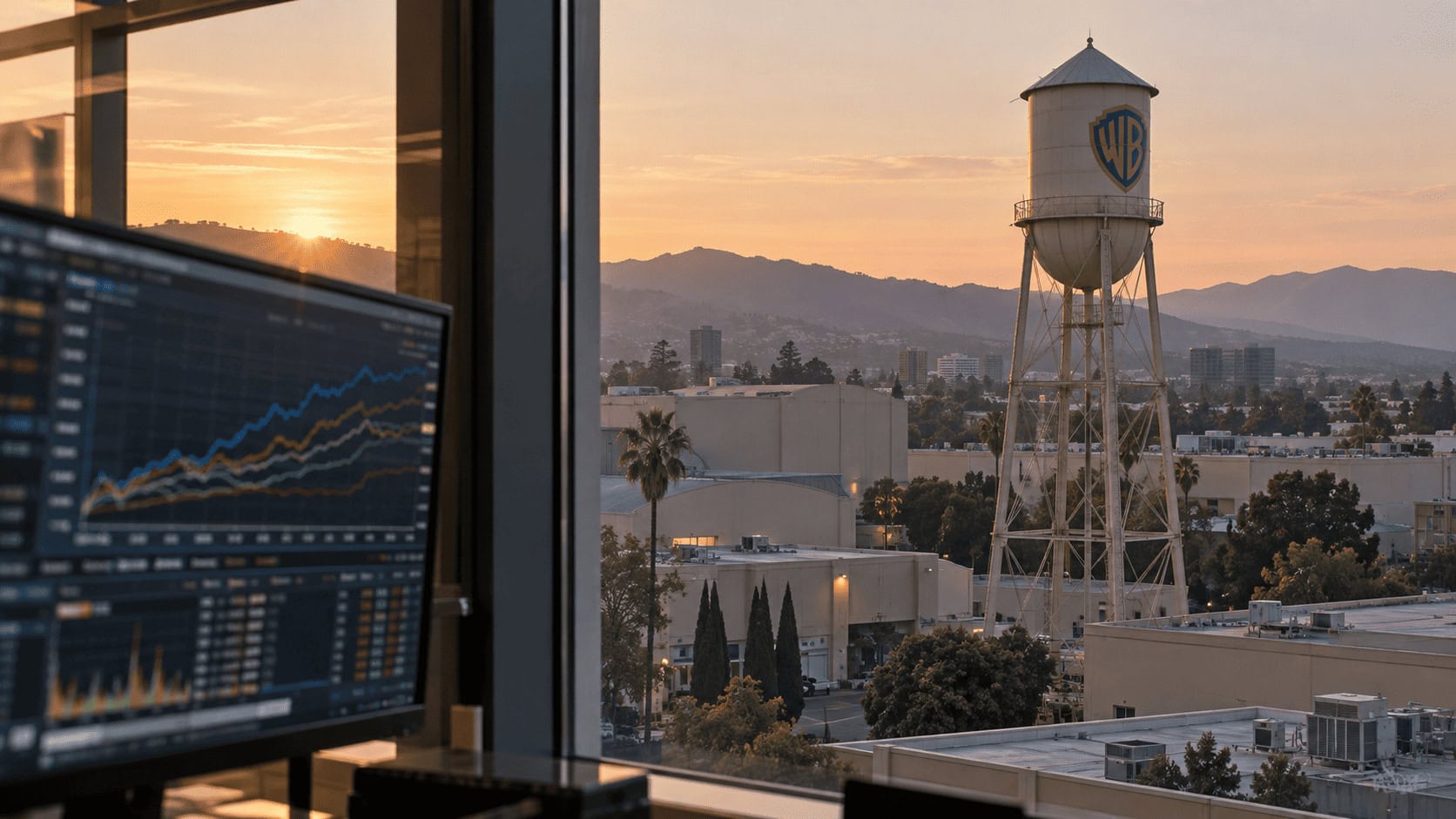 Torre de agua de Warner Bros. en Burbank al amanecer, vista detrás de una pantalla de operaciones que muestra los rendimientos de los bonos
