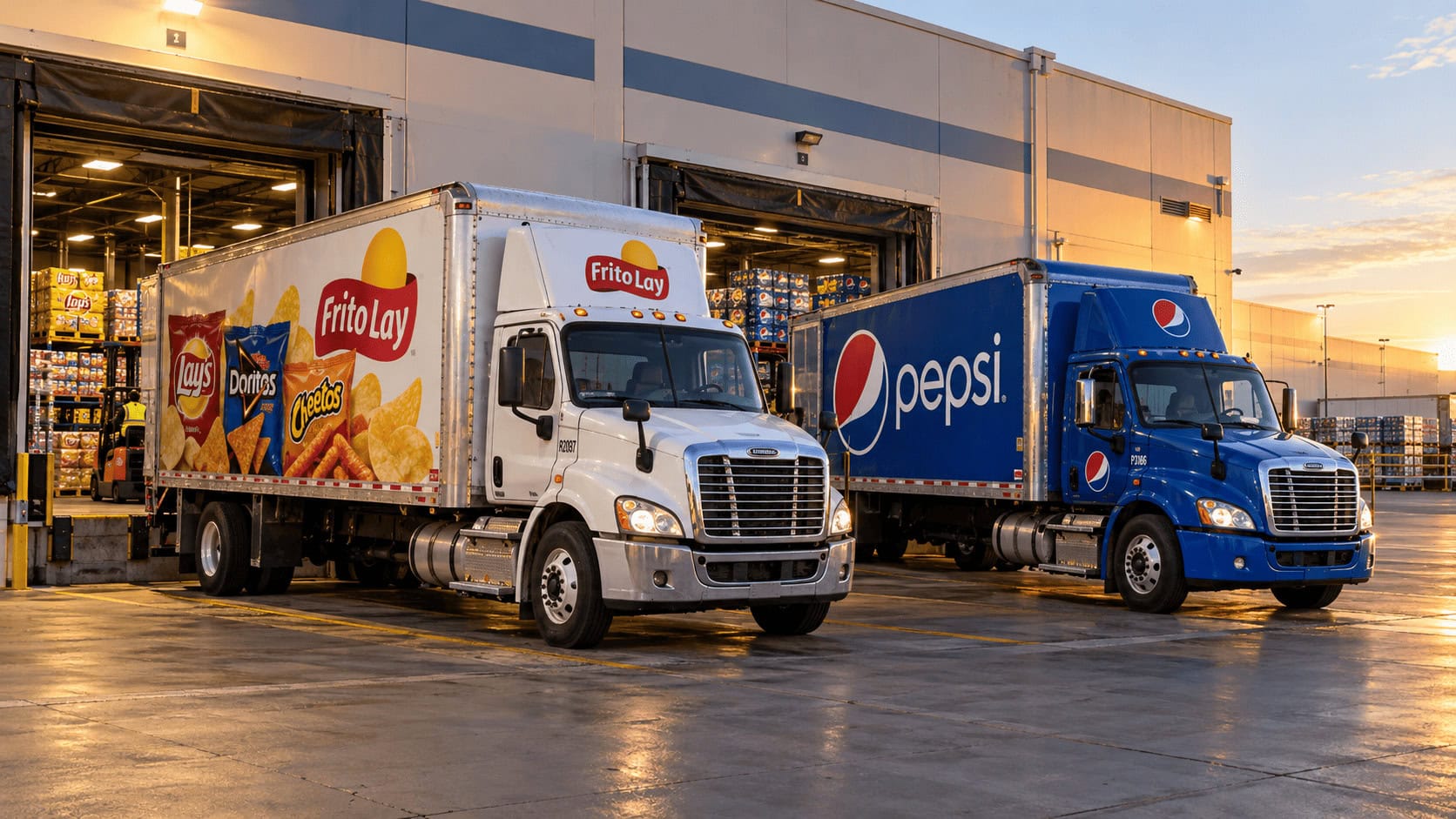 Camiones de reparto de Frito-Lay y Pepsi estacionados uno al lado del otro en el muelle de carga de un almacén de distribución compartido