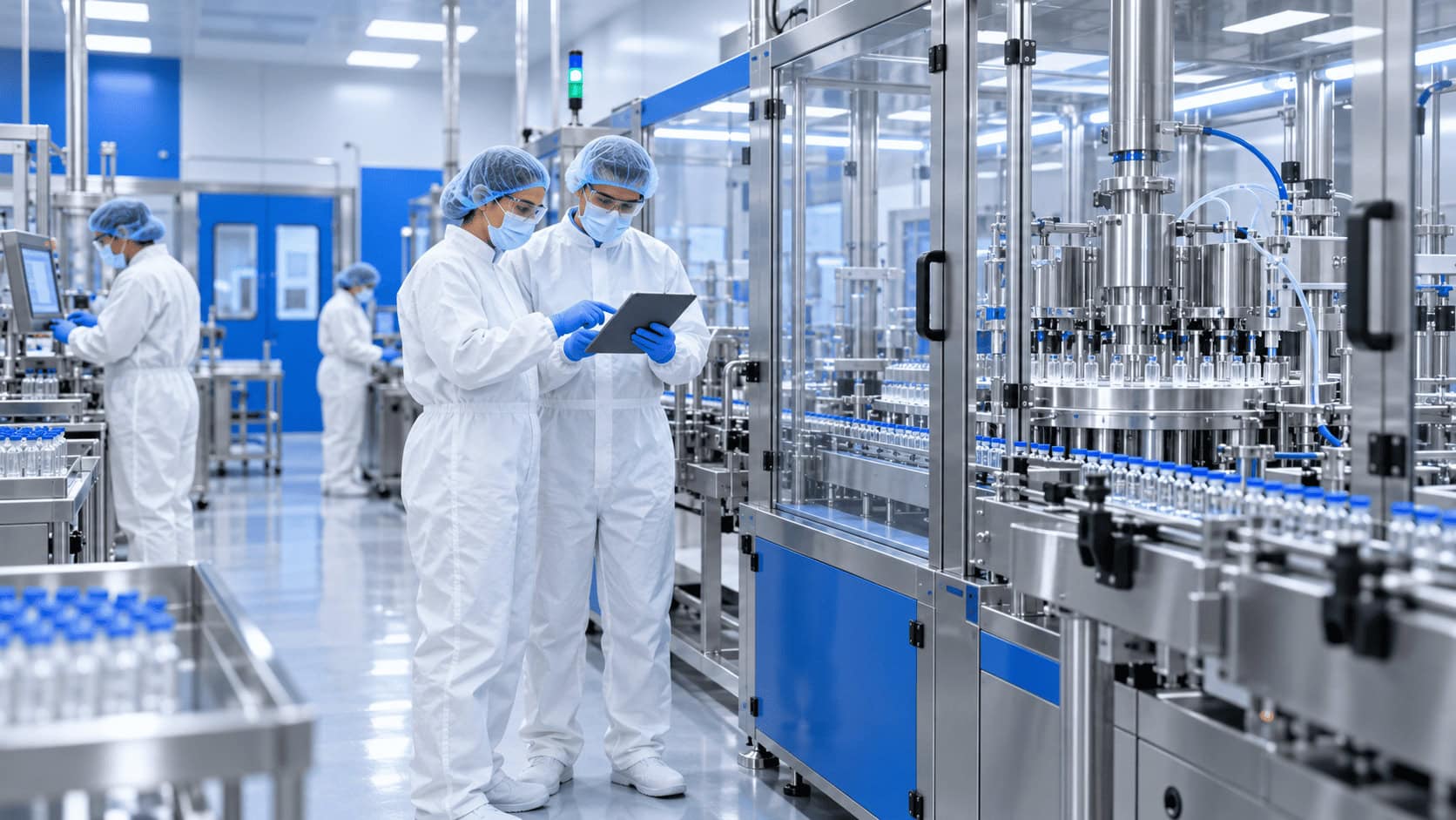 Técnicos con batas de sala limpia examinando una tableta junto a una línea de llenado farmacéutico en una moderna planta de fabricación de medicamentos