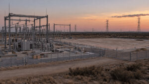 Unfinished electrical substation next to an empty fenced data center site at dusk, with transmission towers stretching across open land