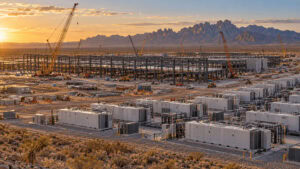 Steel frames of a gigawatt-scale AI data center rising on the desert floor near Santa Teresa, New Mexico, beside a staged fuel cell yard