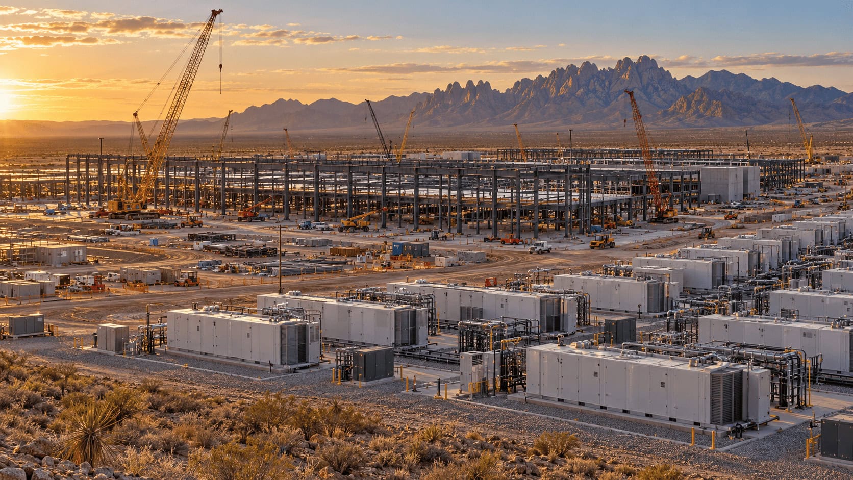 Estructuras de acero de un centro de datos de IA a escala de gigavatios se alzan en el desierto cerca de Santa Teresa, Nuevo México, junto a un patio de pilas de combustible acondicionado
