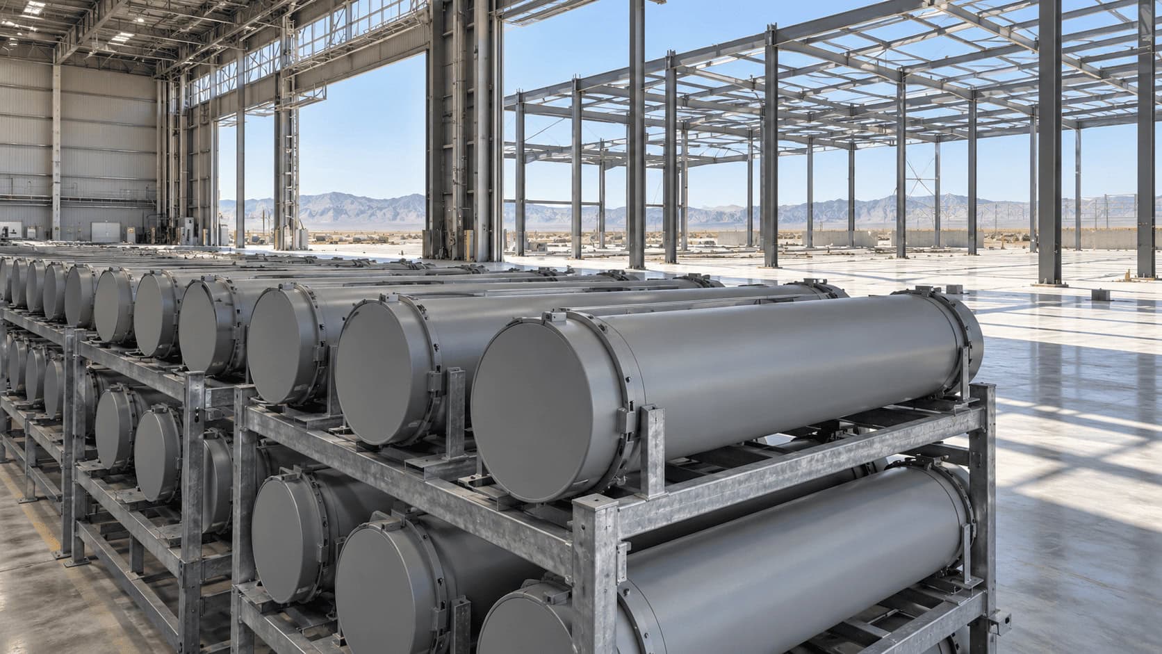Planta de producción aeroespacial con filas de contenedores de envío grises idénticos frente a una bahía de expansión sin terminar con estructura de acero al descubierto