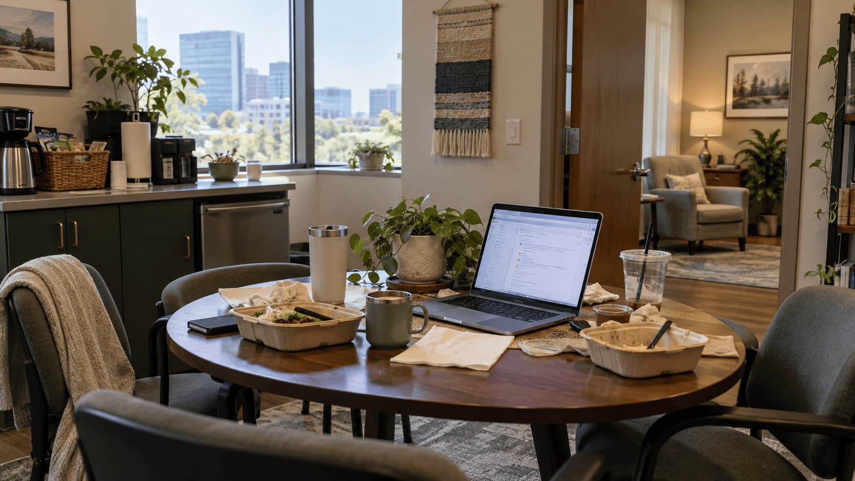 Mesa vacía del comedor del equipo en una pequeña oficina de asesoramiento con un portátil abierto en una larga conversación de correo electrónico