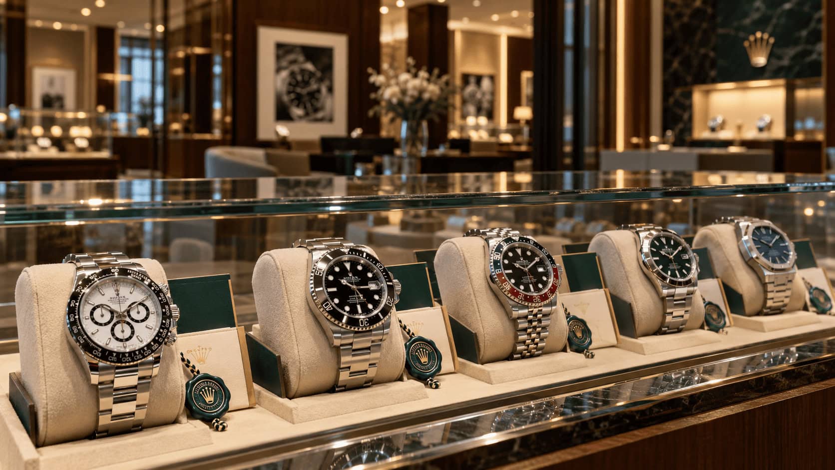 Vitrina en una boutique de relojes de lujo que exhibe relojes de acero usados ​​certificados, cada uno con su sello y tarjeta de garantía.