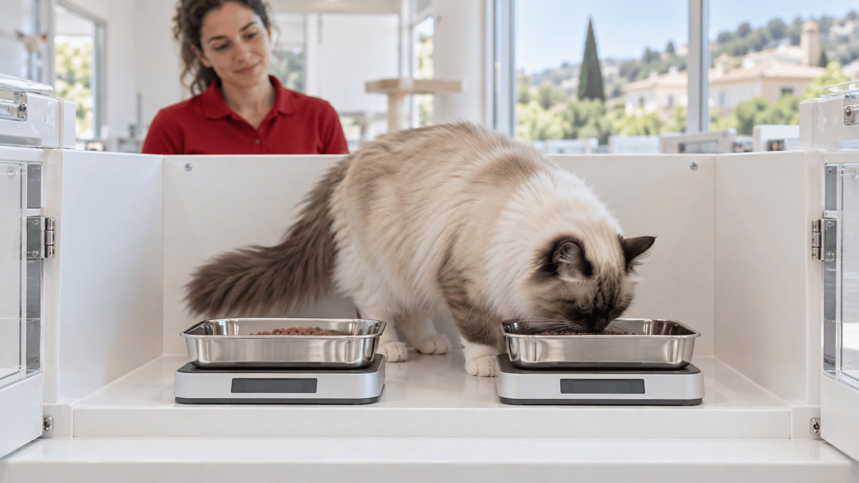 Un gato eligiendo entre dos bandejas de croquetas sobre una báscula durante una prueba de sabor de comida para mascotas en un centro de investigación