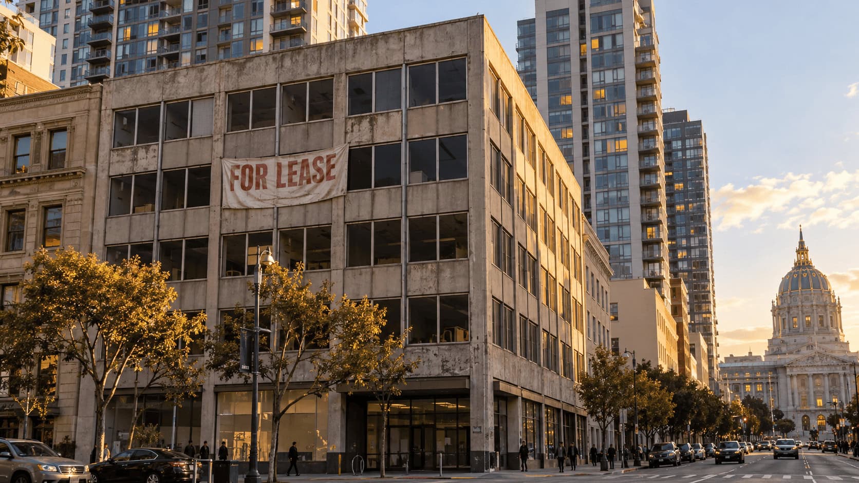 Un edificio de oficinas de la década de 1960 medio vacío en el Centro Cívico de San Francisco, con torres de apartamentos iluminadas detrás