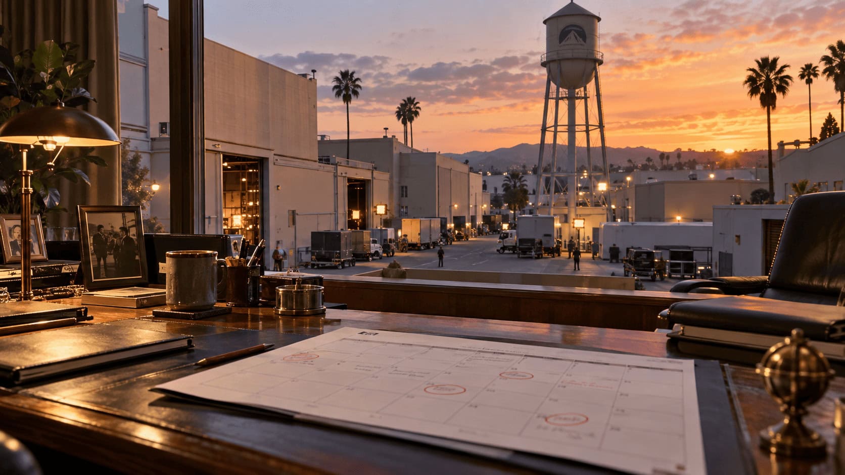 Tras bambalinas de un estudio de Hollywood al atardecer, con un calendario de estrenos impreso sobre un escritorio, que ilustra la cuota anual de películas de Skydance