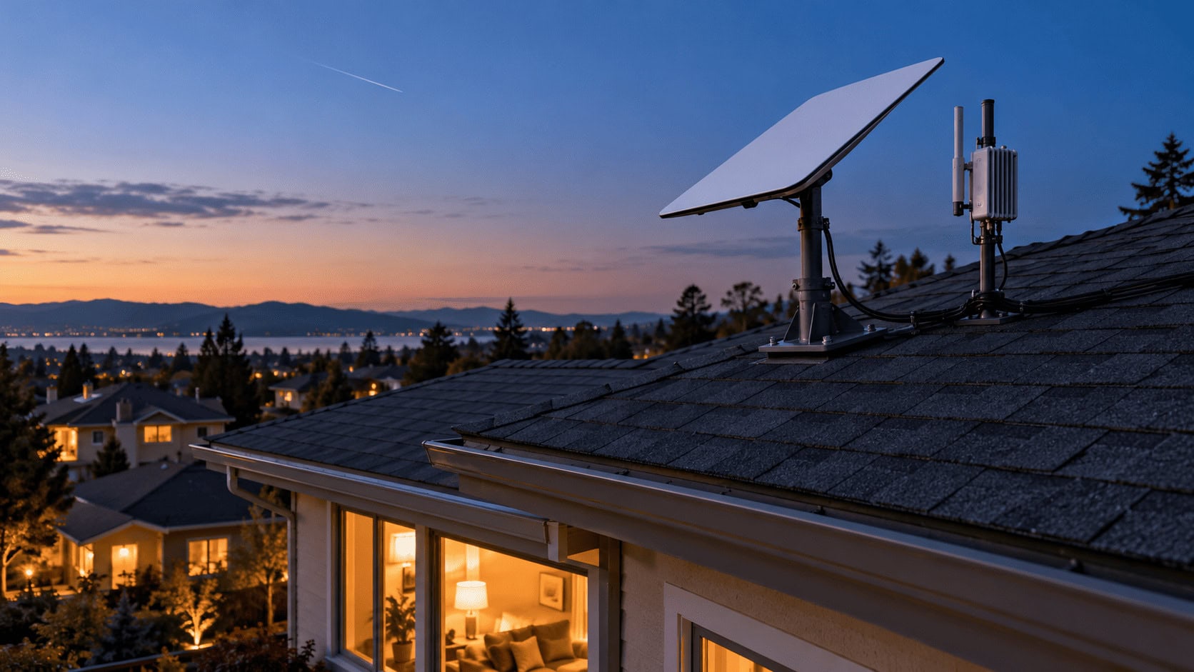 Una antena parabólica Starlink y una pequeña radio celular instaladas en la azotea de una casa en las afueras al anochecer, con ventanas iluminadas debajo y una estela de satélite sobrevolando.